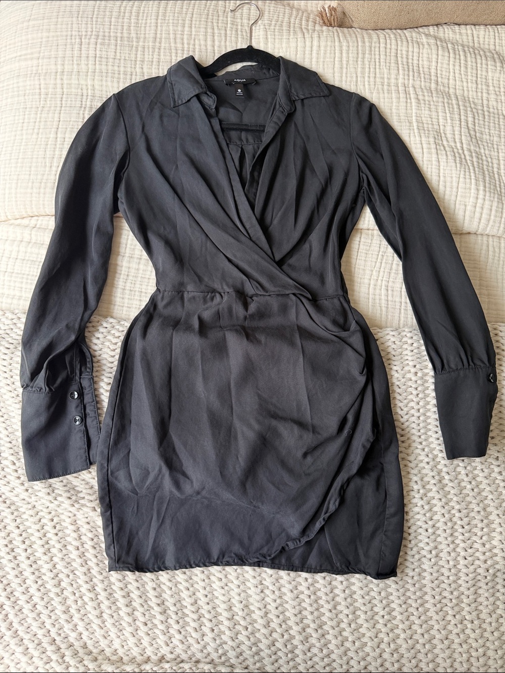 Aqua Black Wrap-Front Long Sleeve Dress